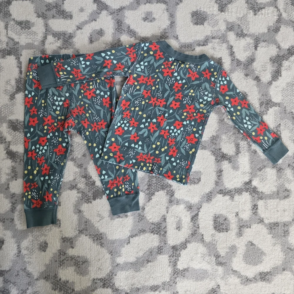 Hanna Andersson Long John Pajama Set Poinsettia Patch 100% Organic Cotton 2T